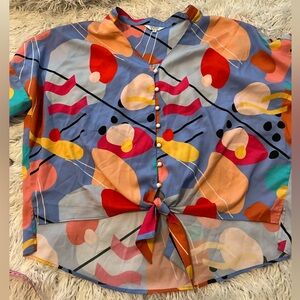 CROSBY by Mollie Burch Multicolor Abstract Print Button-Front Tie Hem Top